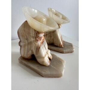 Vtg Bookends Mexican Onyx Siesta Man Sombrero Hand Carved Stone Set